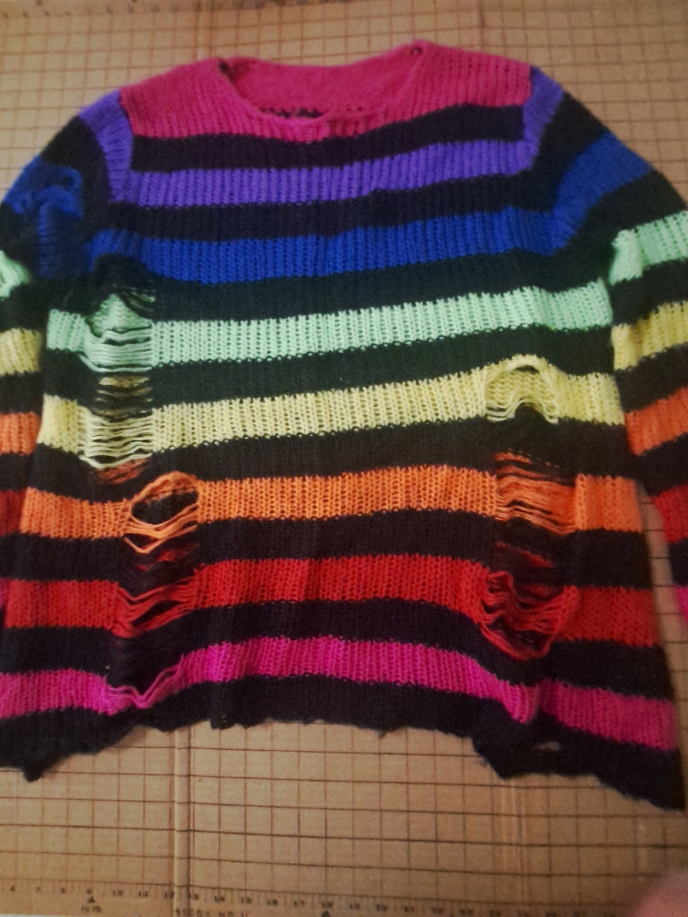 Kristina  Rainbow Striped Acrylic Knit Crew Neck Sweater, One size.